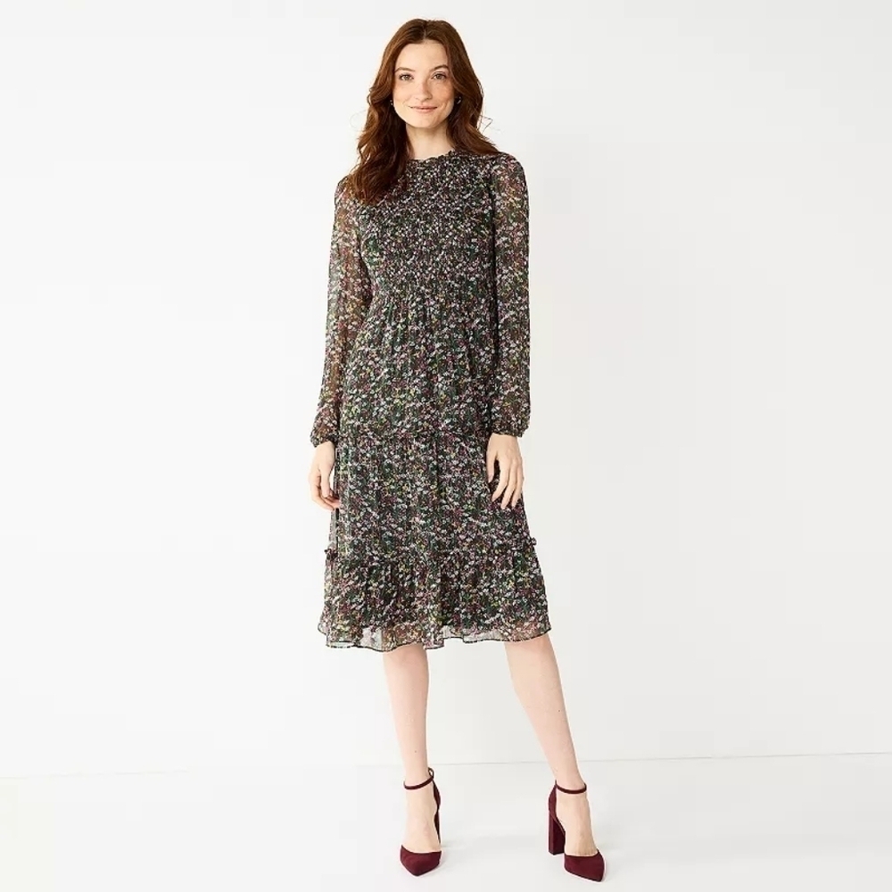 Draper James dark green Tiered ruffle midi dress floral print sz xs